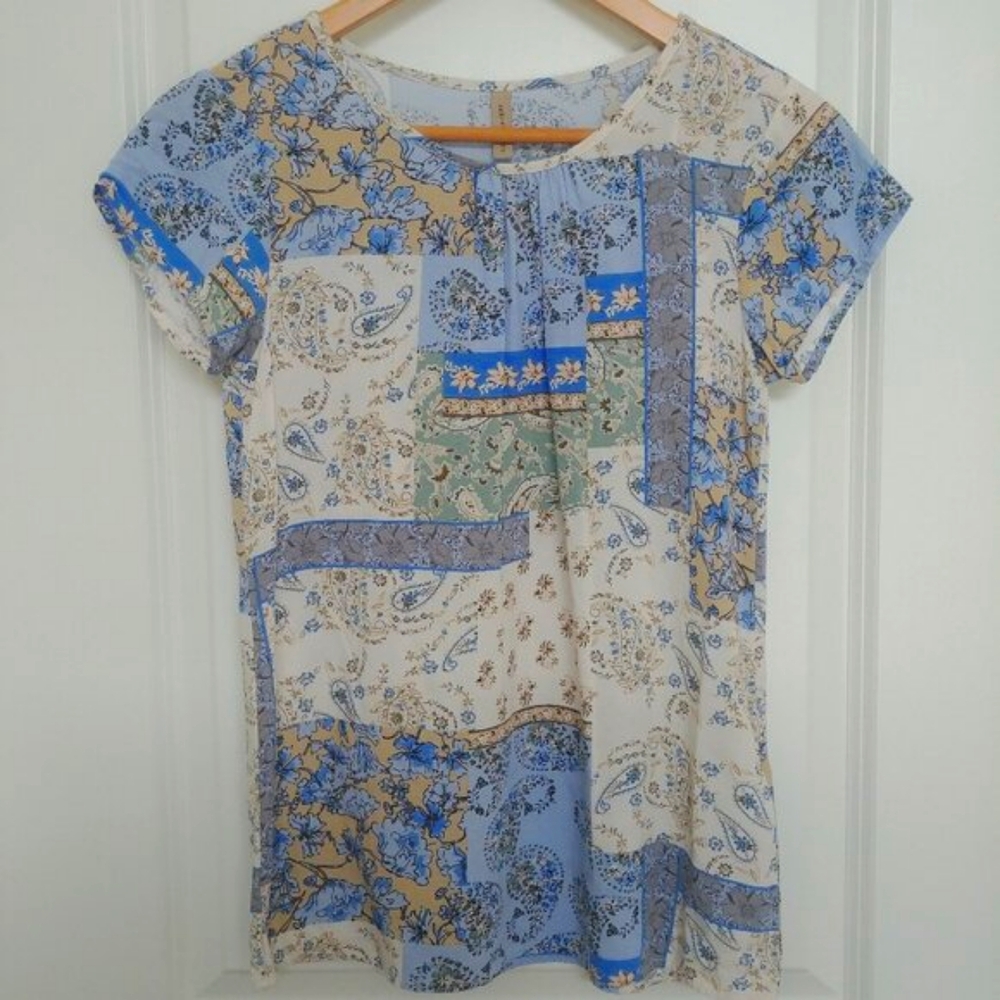 4/$20 Soya Concept Denmark blue cream patchwork look soft blouse top XS